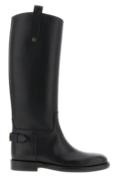 Burberry Women Black Boots With Side Logo Plaque In Leather Woman In Black