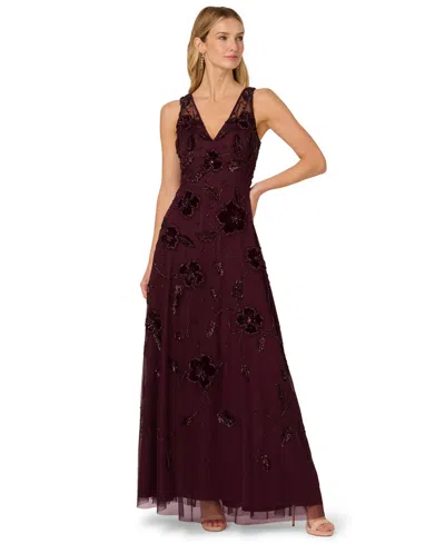 Adrianna Papell Women's Bead Velvet Flower Long Dress In Burgundy