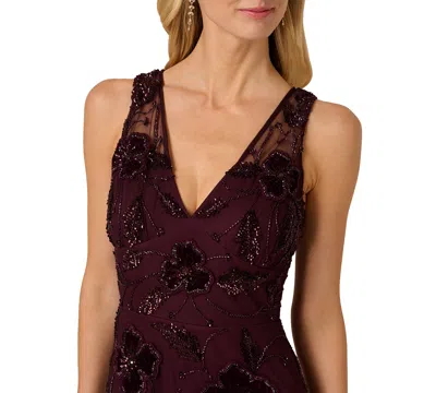 Adrianna Papell Women's Bead Velvet Flower Long Dress In Burgundy