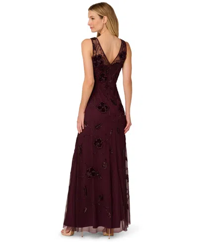 Adrianna Papell Women's Bead Velvet Flower Long Dress In Burgundy