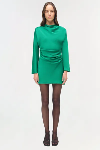 Simkhai Harpor Long-sleeve Draped Satin Mini Dress In Green