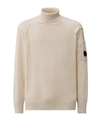 C.p. Company Lambswool Turtleneck Sweater With Ribbed Design And Pocket Detail In White
