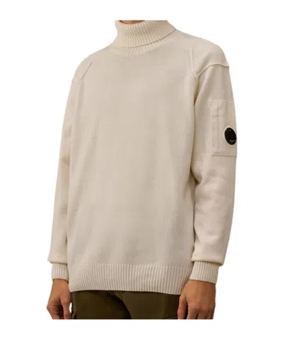 C.p. Company Lambswool Turtleneck Sweater With Ribbed Design And Pocket Detail In White