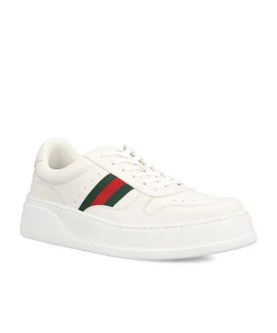 Gucci Men White Sneakers With Web Detail And Oversized Sole In Leather Man In White