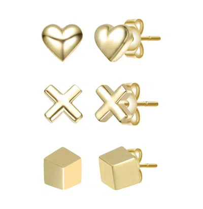 Rachel Glauber Sterling Silver 14k Gold Plated With Heart, Cross, & Cube 3d Design 3-piece Stud Earrings Set In Multi