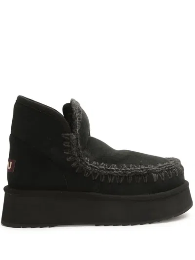 Mou Mini Eskimo Platform Boots With Crochet Stitch Detailing In Black
