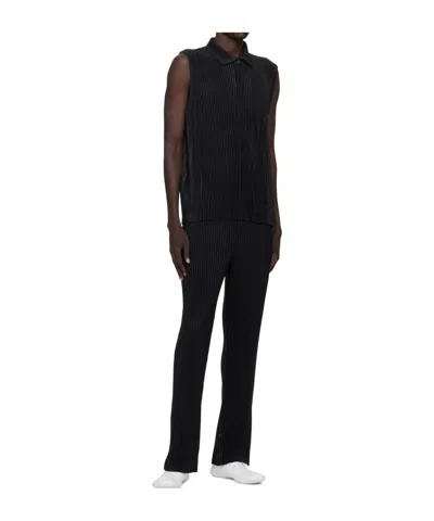 Issey Miyake Pleated Knit Polo Shirt In Black