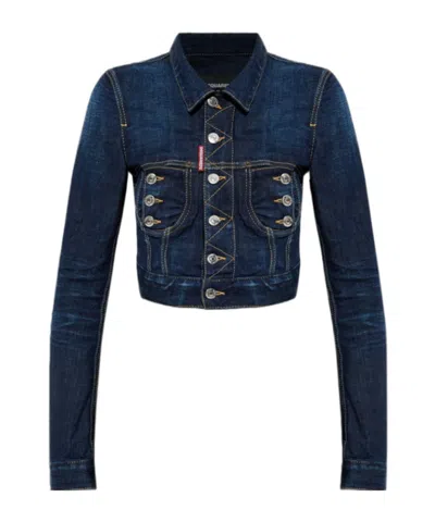 Dsquared2 Blue Denim Crop Jacket With Zip And Buttons In Blue