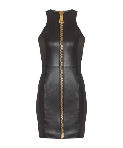 Balmain Short Sleeveless Lambskin Dress In Black