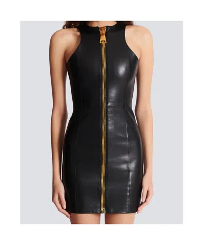 Balmain Short Sleeveless Lambskin Dress In Black