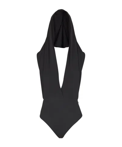 Balmain Draped Bodysuit With Hood In Black