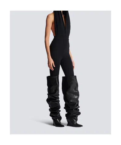 Balmain Draped Bodysuit With Hood In Black