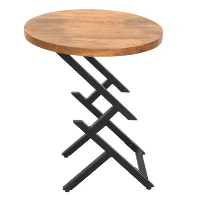 Hivvago 23 Inch Side End Table, Natural Brown Round Wood Top, Modern Black Angled Iron Legs In Brown