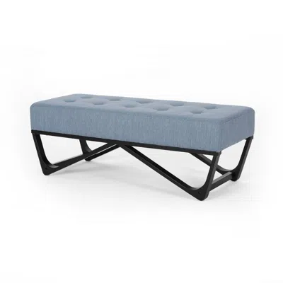 Hivvago Liba Ottoman Bench, Button Tufted Light Blue Fabric, Black, 47 Inch In Blue