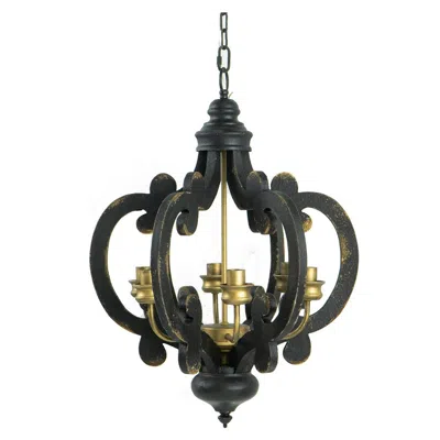 Hivvago Aki 21 Inch Carved Wood Chandelier, 6 Lights, Vintage Classic, Black, Gold In Black