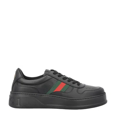 Gucci Men Black Sneakers With Web Detail And Oversized Sole In Leather Man In Black