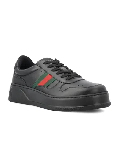 Gucci Men Black Sneakers With Web Detail And Oversized Sole In Leather Man In Black