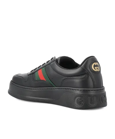Gucci Men Black Sneakers With Web Detail And Oversized Sole In Leather Man In Black