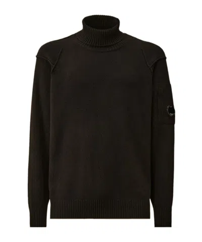 C.p. Company Lambswool Turtleneck With Ribbed Detailing And Lens Pocket In Black