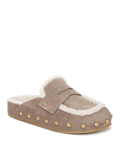 Veronica Beard Fenix Studded Shearling Loafer Mules In Brown