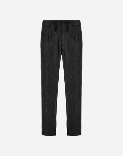 Herno Trousers In Herringbone Wool Flannel In Black