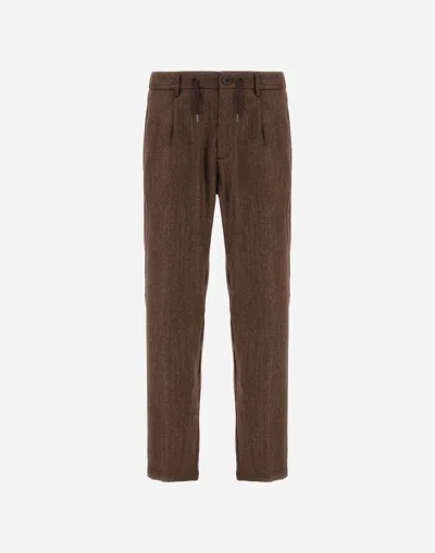 Herno Trousers In Herringbone Wool Flannel In Brown