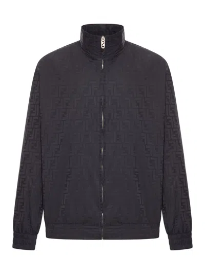 Fendi Men Black Jacket With High Neck And All-over Ff Motif In Tech Fabric Man In Black