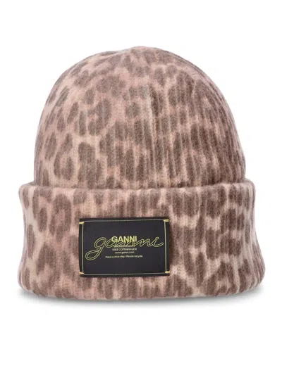 Ganni Graphic Wool Mix Printed Leopard Beanie In Brown