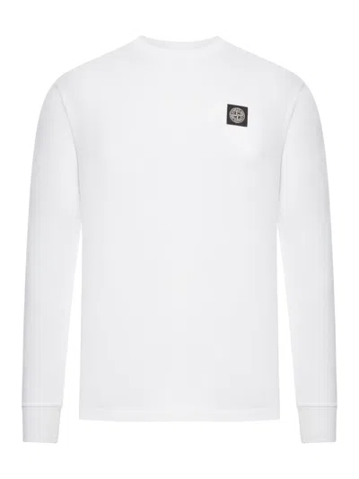 Stone Island White Long-sleeve Crewneck T-shirt With Logo Patch On The Front In Cotton Man In White