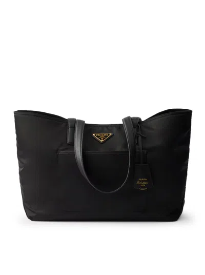 Prada Re-edition 1978 Medium Re-nylon And Saffiano Leather Tote Bags In Black