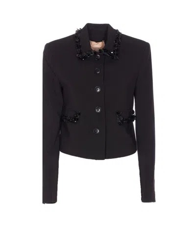 Twinset Cropped Tailored Jacket With Decorative Embellishments In Brown