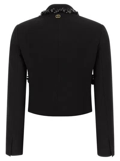 Twinset Cropped Tailored Jacket With Decorative Embellishments In Black