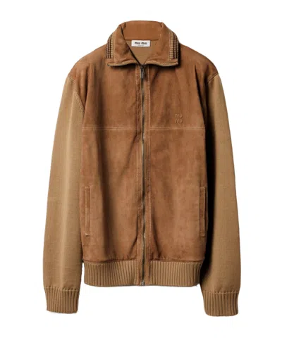 Miu Miu Wool And Leather Zipper Cardigan In Brown