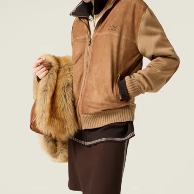 Miu Miu Wool And Leather Zipper Cardigan In Brown