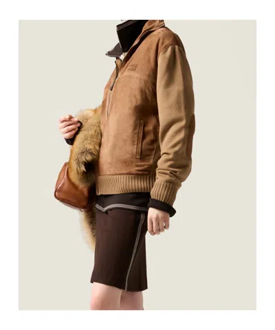 Miu Miu Wool And Leather Zipper Cardigan In Brown