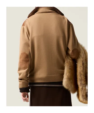 Miu Miu Wool And Leather Zipper Cardigan In Brown