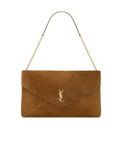 Saint Laurent Cassandre Xxl Pouch On Chain In Suede In Brown