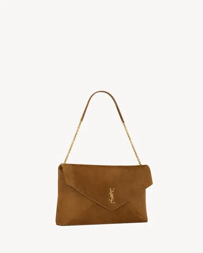 Saint Laurent Cassandre Xxl Pouch On Chain In Suede In Brown
