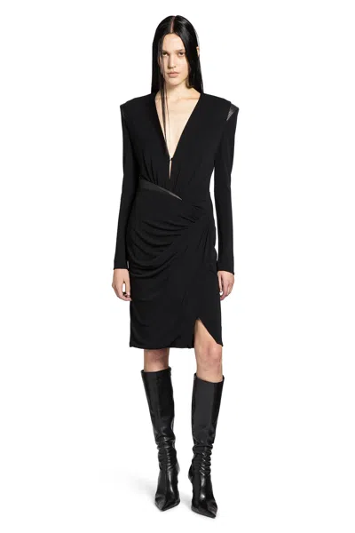 Versace Draped Long Sleeve Dress With Shoulder Pads In Black