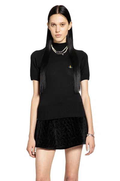Vivienne Westwood Fitted Short Puff Sleeve Sweater With Embroidered Emblem In Black