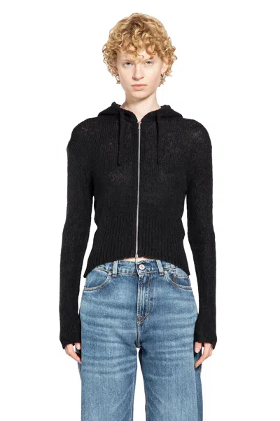 Our Legacy Hooded Zip-up Knit Sweater With Ribbed Details In Black