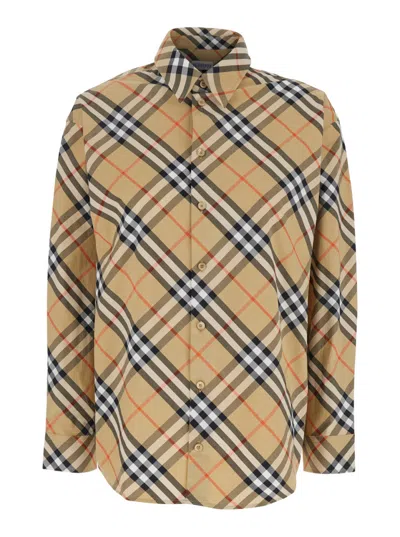 Burberry Women Beige Shirt With Classic Collar And All-over Check Motif In Cotton Woman In Brown