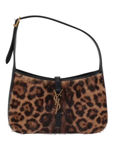 Saint Laurent Leopard Patterned Logo Plaque Tote Bag In Brown