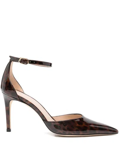Stuart Weitzman Stuart Power Strap 85 Leopard-print Patent Leather Pumps In Brown