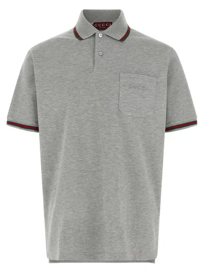 Gucci Grey Polo Shirt With Web Details And Logo Lettering On The Front In Wool Blend Man In Gray