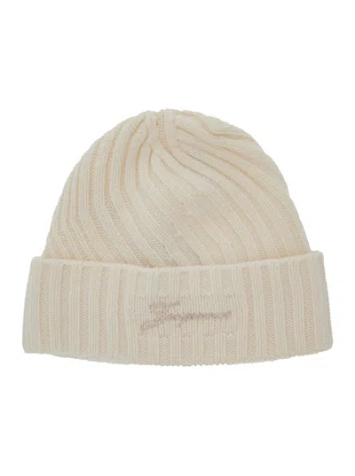 Jacquemus Le Bonnet Tourni White Beanie With Turn-up Brim And Logo Lettering On The Front In Wool Man In White