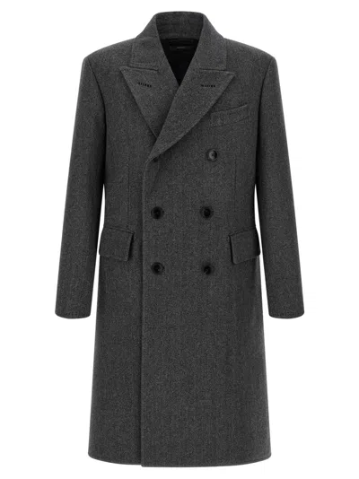 Tom Ford Mens Dark Grey Black Herringbone Double-breasted Wool Coat In Gray