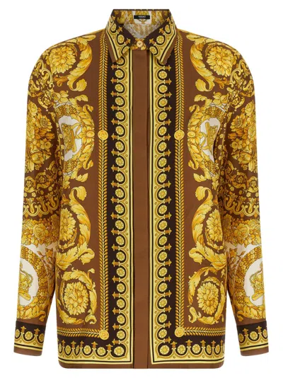 Versace Barocco Print Silk Shirt In Gold