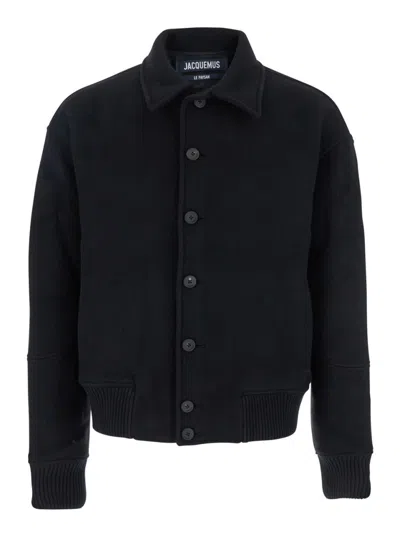Jacquemus Black Jacket With Classic Collar And Dropped Shoulders In Wool Man In Blue