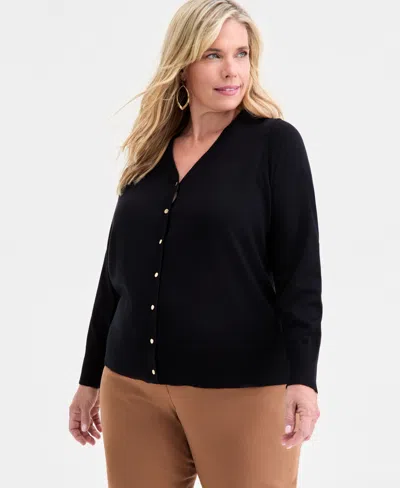 Macy's Jm Collection Plus Size V-neck Button-front Cardigan,  Exclusive In Black